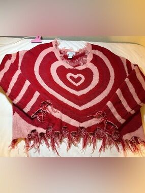 Frayed Heart Crewneck Sweater — Pink & Red